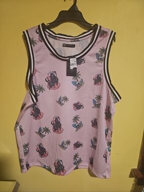 NWT RF Brand Men's Size XL Pink Grim Reaper Skull Palm Tree Print Mesh Tank Top